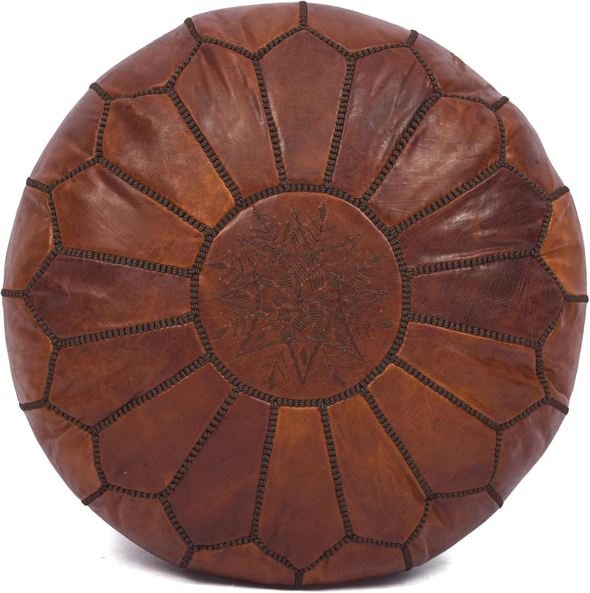 Moroccan Leather Handmade Pouf Ottoman Cover, Unstuffed Foot Stool, Round Boho Footrest for Living Room, Bedroom, Home Decor Gift (Dark Tan By Brown)