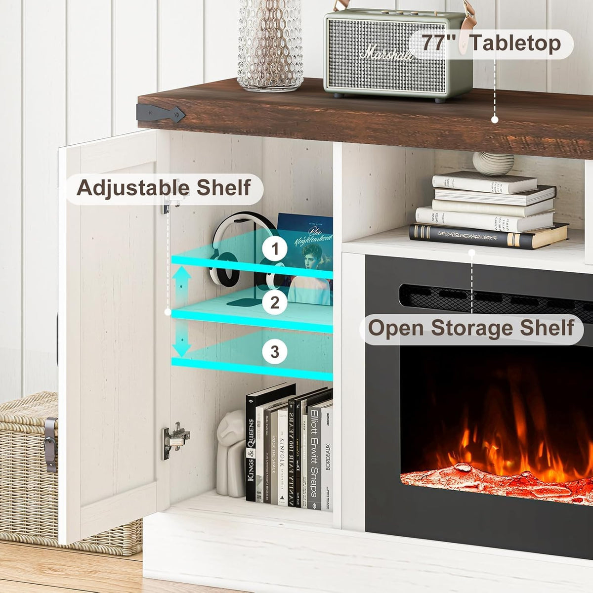 77 INCH Fireplace TV Stand for 85 Inch TVs, Farmhouse Entertainment Center with 50" Electric Fireplace and Power Outlets, LED Media Console Cabinet for Living Room, White