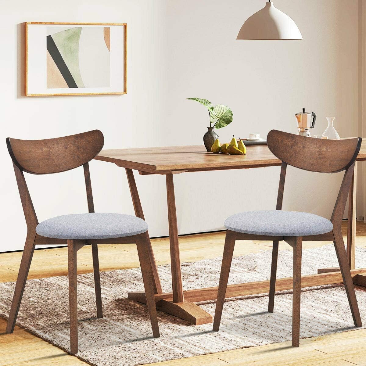 COSTWAY Dining Chairs Set of 6, Mid-Century Modern Kitchen & Dining Chairs with Curved Back and Cushioned Seat, Walnut Finished Wood Living Room Side Chairs for Kitchen, Dining Room, Bistro
