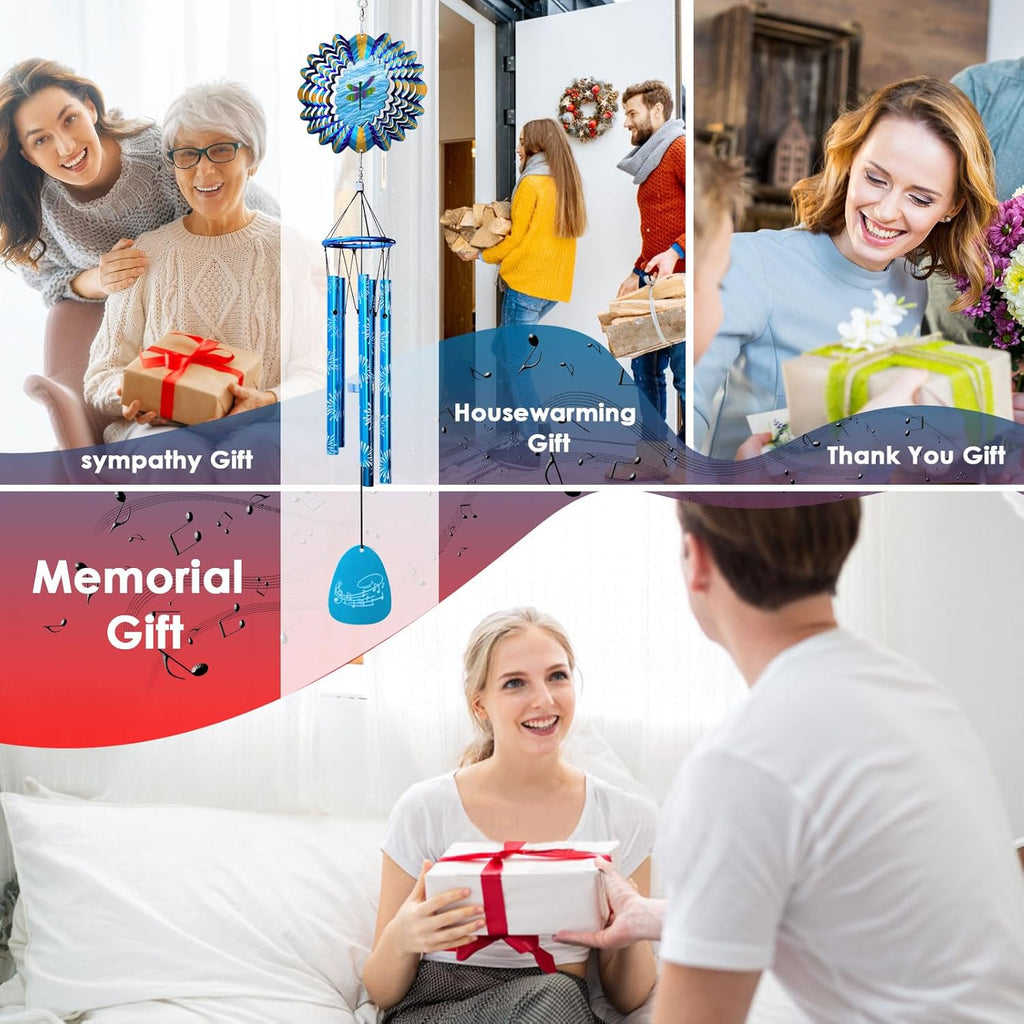 33" Memorial Wind Chimes Outdoor | Deep Tone with Animated Dragonfly Spinner, Rustproof Garden Decor for Patio/Lawn, Sympathy Gift for Mom/Dad/Unisex