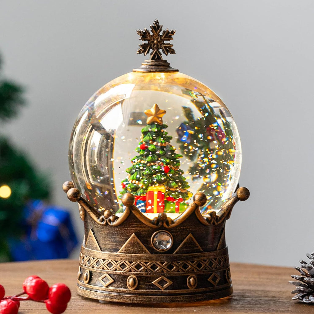 Snow Globe Lighted Christmas Decorations, Christmas Tree Musical Crown Snow Globe with Swirling Glitter, Christmas Holiday Party Gifts and Decorations