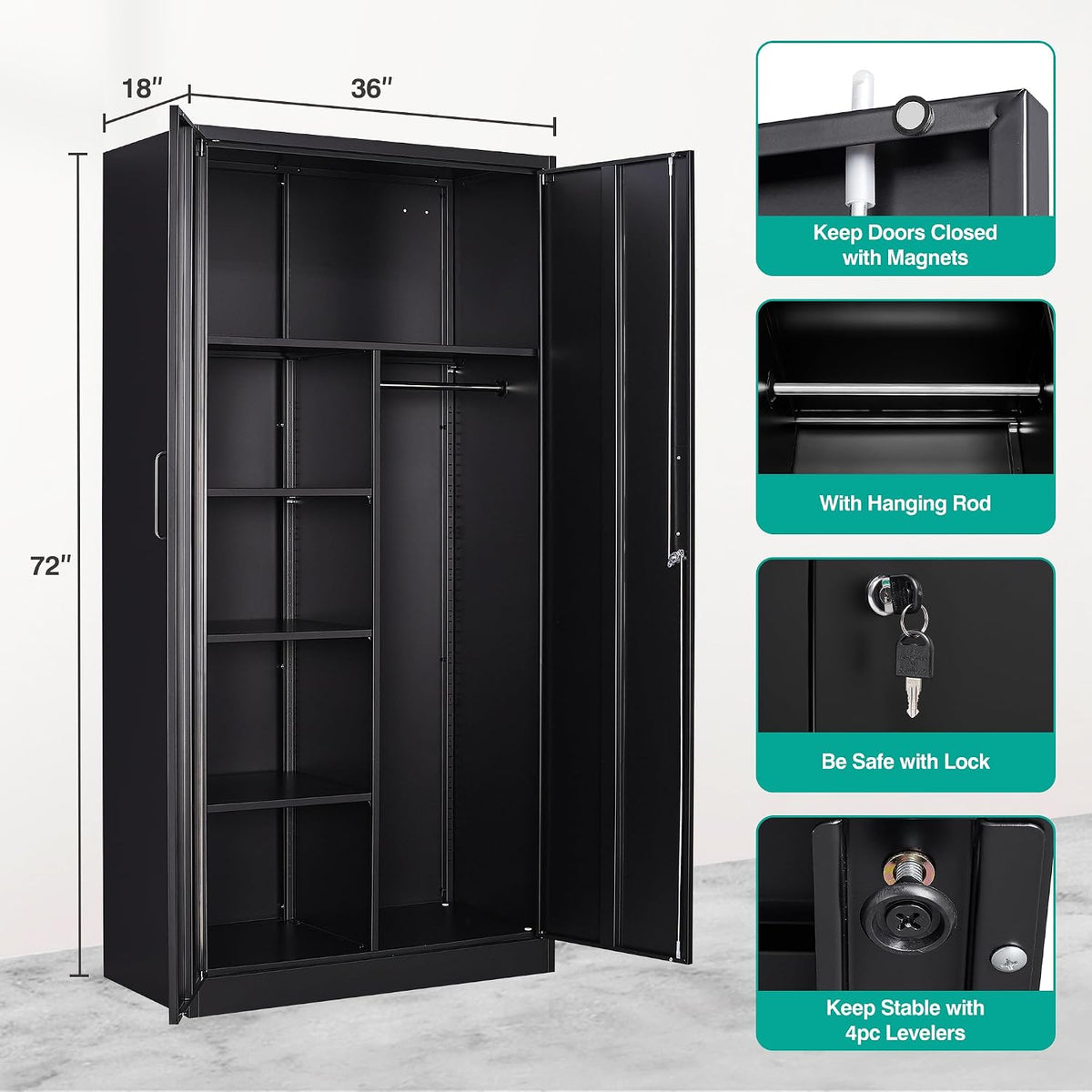 Metal Wardrobe Cabinet with Lock,72" Armoire Closet with Hanging Rod,Lockable Storage Locker,Black Storage Cabinet with Locking Doors,Garage Closet,Steel Wardrobe for Home,Bedroom,Office,Employee,Shop