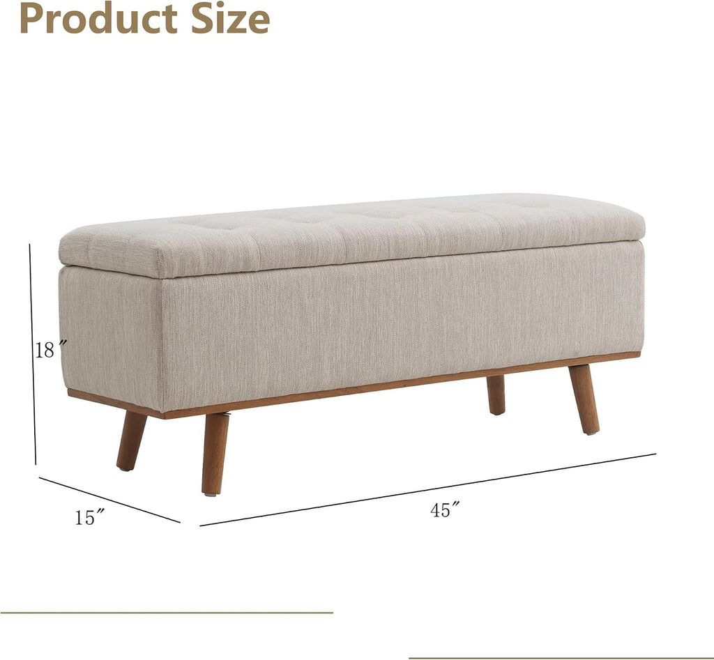 Storage Ottoman Bench, 45" End of Bed Bench, Beige | Hidden Storage Space, Linen Upholstery, Padded Cushion Top, Solid Wood Legs, 350 LBS Weight Capacity