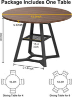 knoworld Round Dining Table for 4, Kitchen Tables Dining Room Circle Dinner Table with Pedestal Metal Frame, Space Saving Wood Industrial Kitchen & Dining Room Tables, Walnut 43In