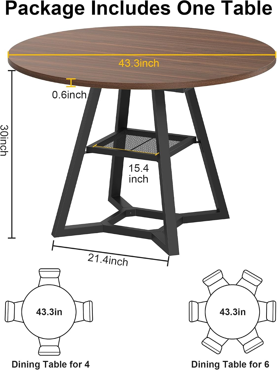 knoworld Round Dining Table for 4, Kitchen Tables Dining Room Circle Dinner Table with Pedestal Metal Frame, Space Saving Wood Industrial Kitchen & Dining Room Tables, Walnut 43In