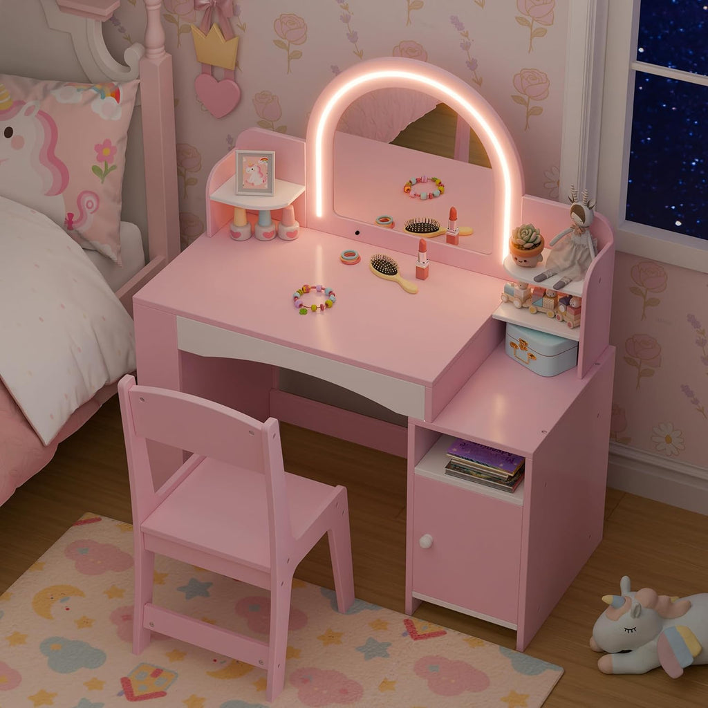 Kids Vanity with Lights, Kids Makeup Vanity with Bookshelf, Enclosed Cabinet and 3-tier Open Shelves, Little Girl Vanity Table Set with Lighted Mirror and Stools, Toddler Vanity for Girls (Pink)