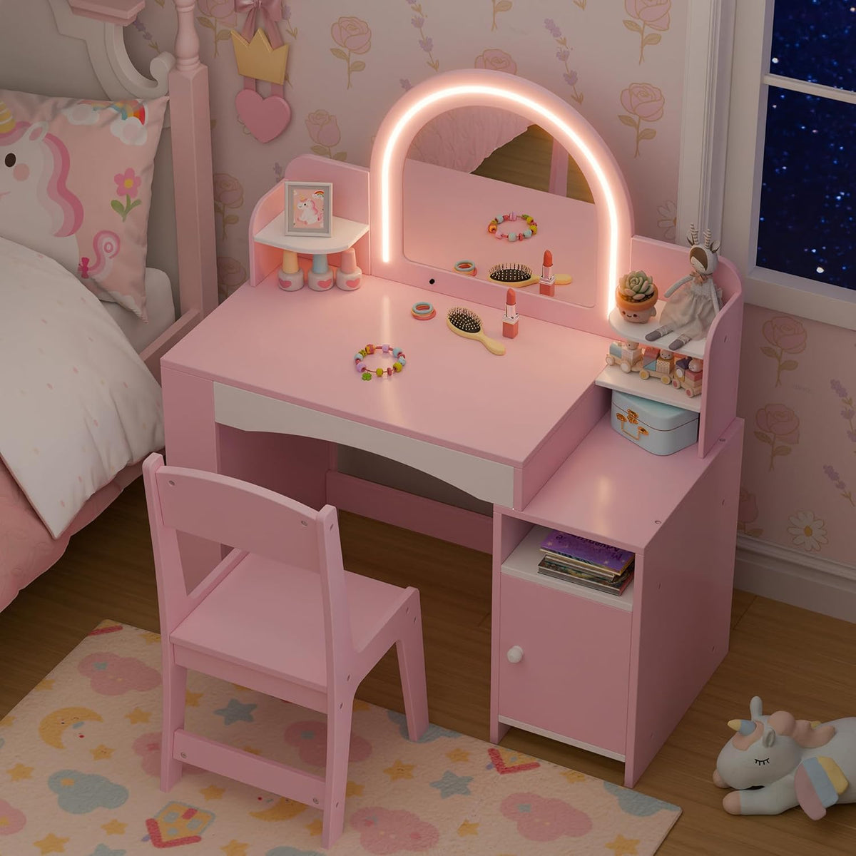 Kids Vanity with Lights, Kids Makeup Vanity with Bookshelf, Enclosed Cabinet and 3-tier Open Shelves, Little Girl Vanity Table Set with Lighted Mirror and Stools, Toddler Vanity for Girls (Pink)