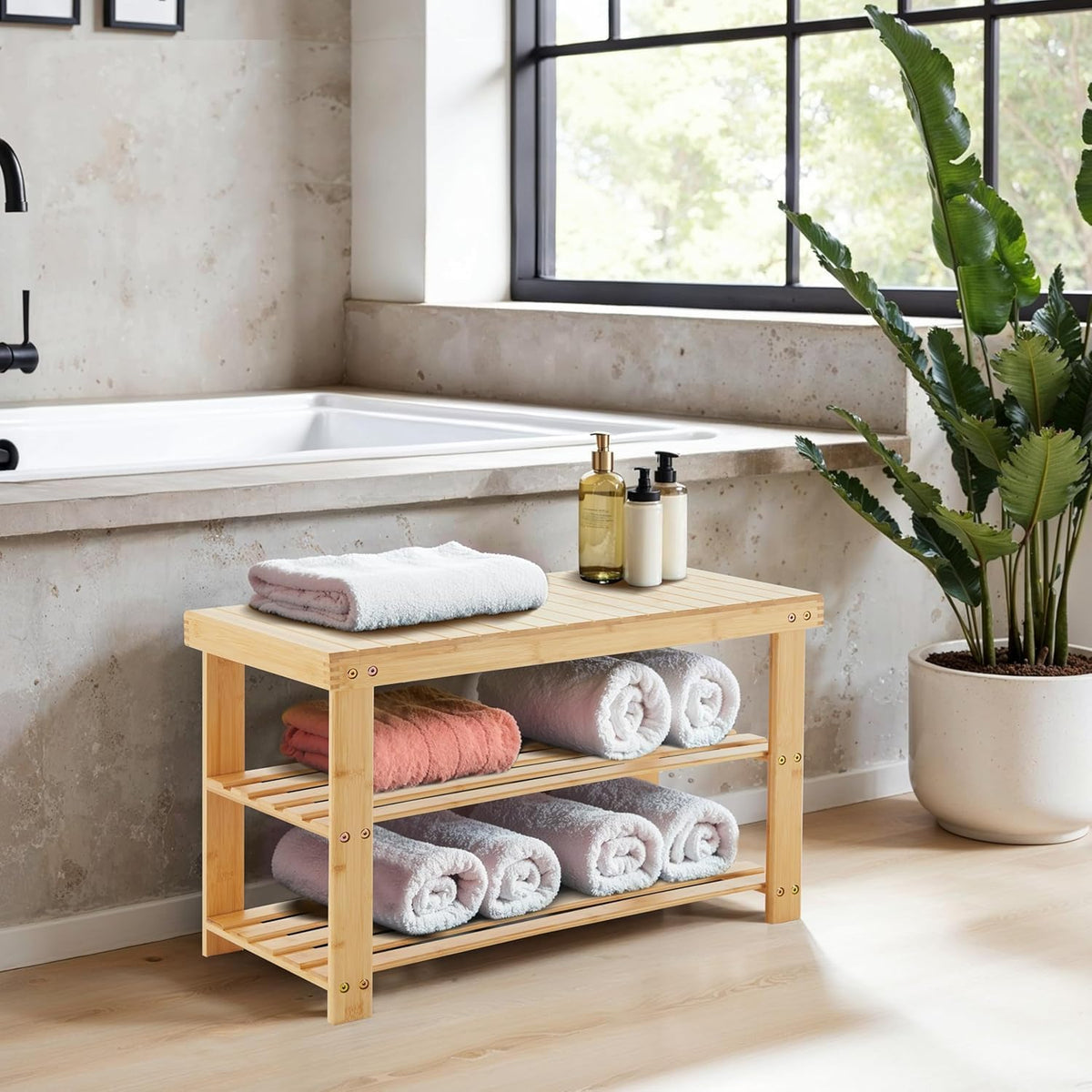 Simple Deluxe Bamboo Shoe Rack Bench, 3 Tier Sturdy Shoe Bench, Storage Shoe Organizer, 286lb Capacity Entryway Bench,Storage Bench for Front Door, Bedroom, Living Room, Bathroom, Balcony