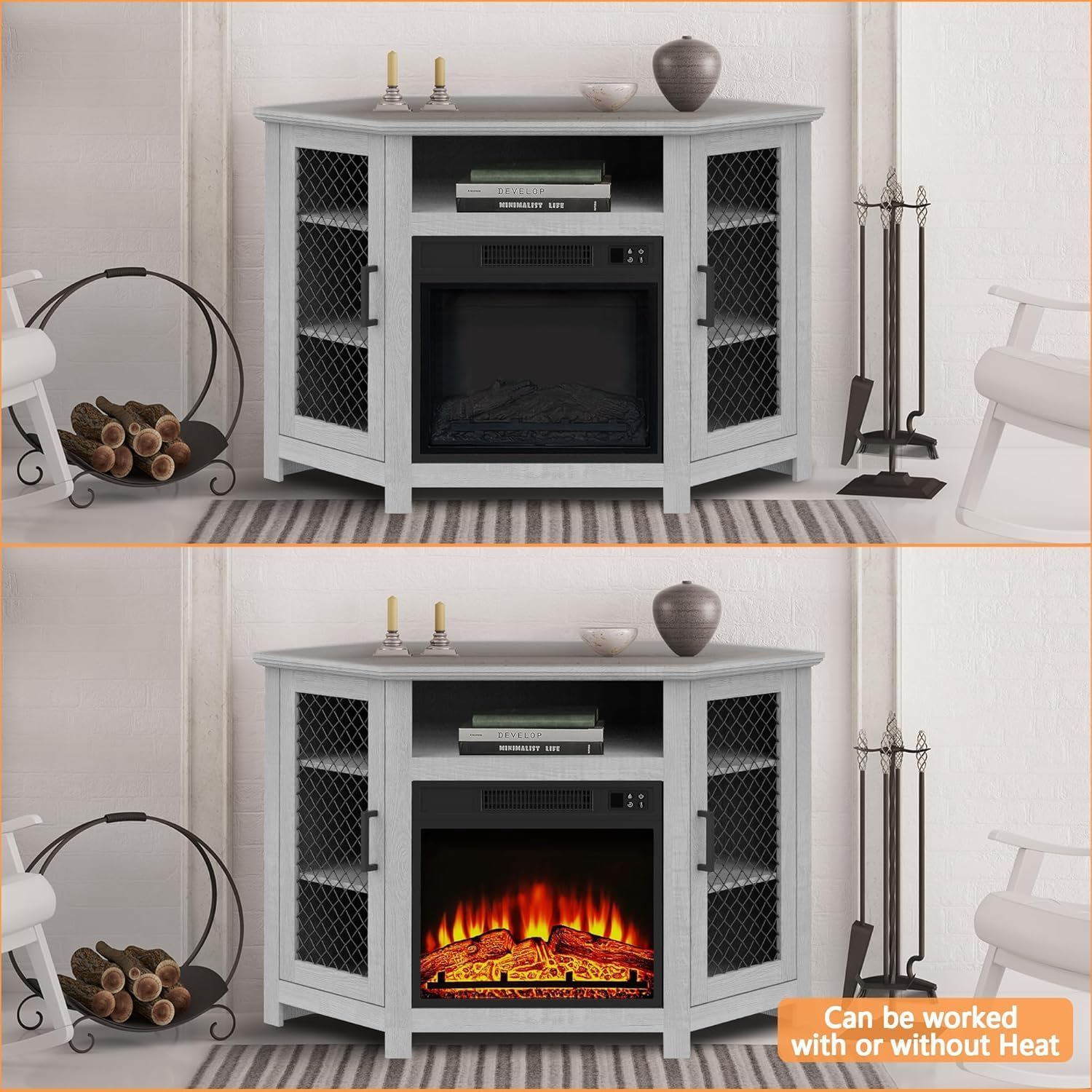 47" Corner Fireplace TV Stand Up to 55" TVs with 18" Electric Fireplace | Rustic Media TV Stands for Living Room, Television Stands with Adjustable Shelves, Entertainment Media Stand (Gray)