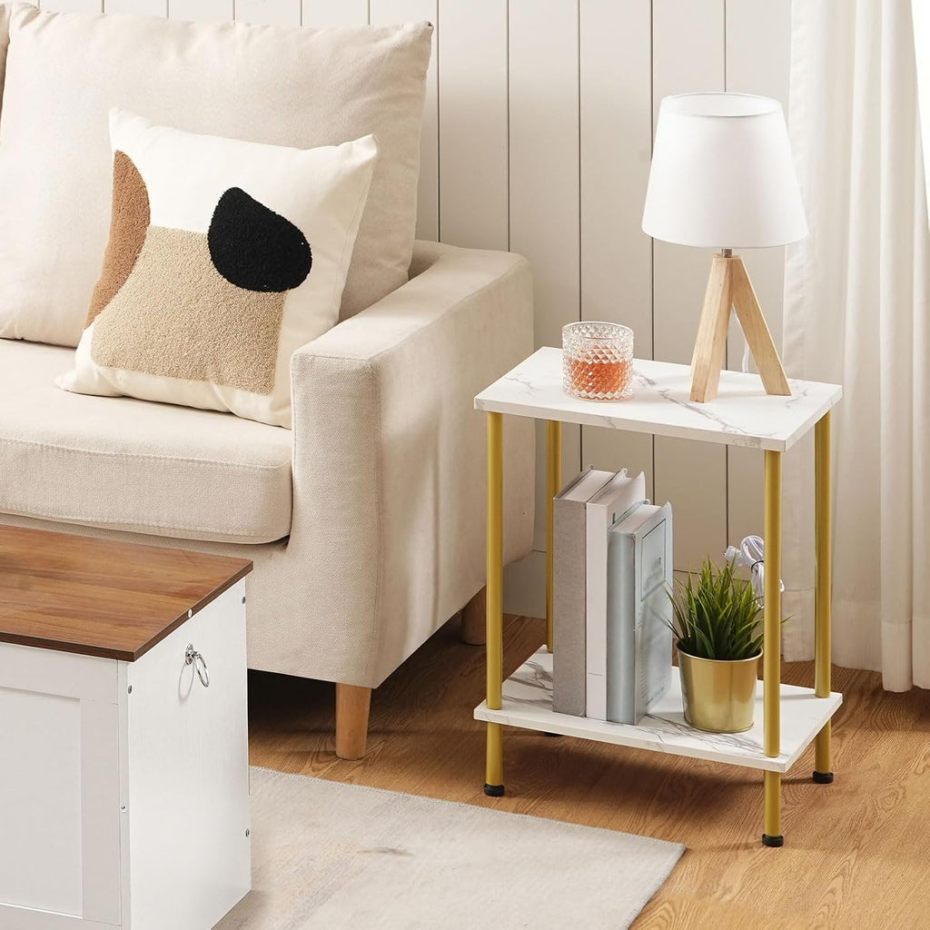 HOOBRO End Table, Small Side Table, Nightstand with 2-Layer Storage Shelves, Sofa Table for Small Spaces, Living Room, Bedroom, Stable Frame, Easy Assembly, Gold and Marble DM09BZ01
