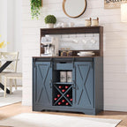 Wnutrees Farmhouse Coffee Bar Cabinet with Charging Station and USB Ports,Sliding Barn Door,39" Kitchen Hutch Sideboard Buffet Storage Cabinet,Fits Kitchen Dining Living Room, Blue