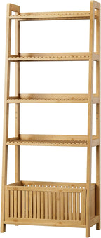 Bamjoy Bamboo Ladder Shelf, Bookshelf with 4 Display Shelves and 1 Open Storage Basket, Multifunctional Storage Rack Organizer for Home Office, Bedroom, Living Room, 66” H Natural