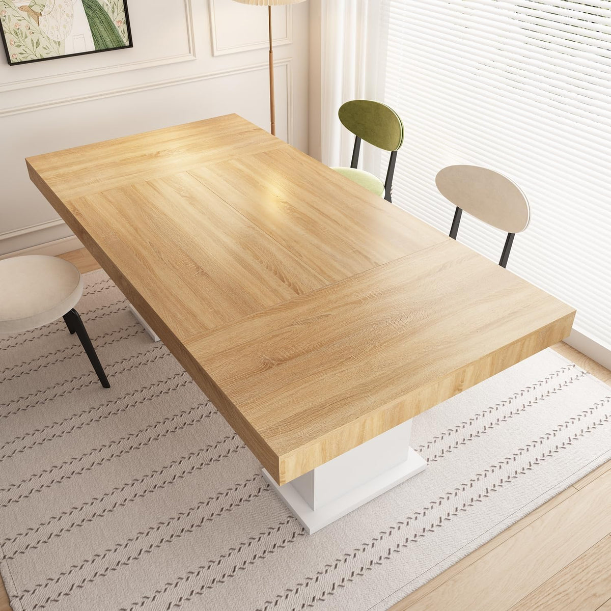 Modern Dining Table for 6-8 People, 78.7" Wood Kitchen Table with Stylish Pedestal, Long Rectangle Wooden Dinner Table for Dining Room, Brown & White