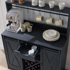 Wnutrees Farmhouse Coffee Bar Cabinet with Charging Station and USB, Black | 39" Kitchen Hutch Sideboard Buffet with Sliding Barn Door, Storage Cabinet for Dining Living Room