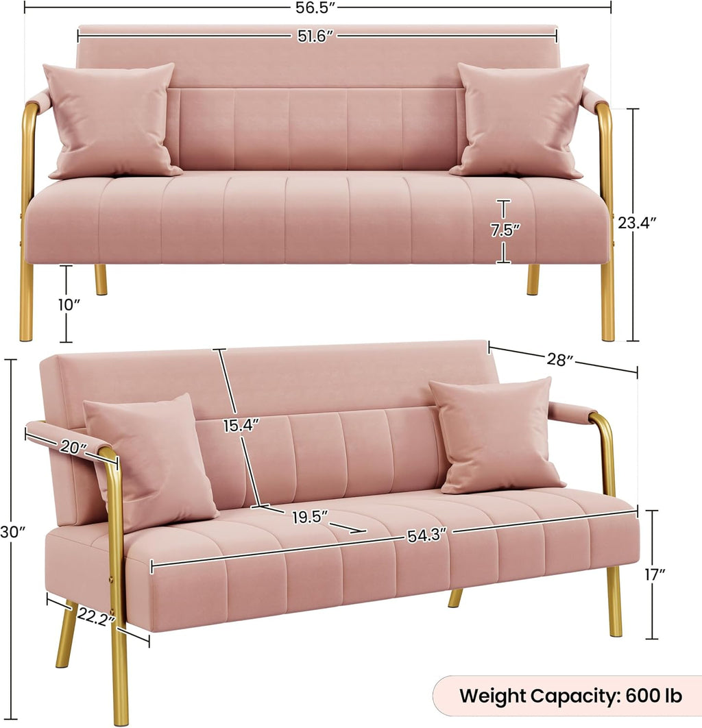 Yaheetech 56.5" Smal Sofa 2 Seater Couch with Gold-Tone Legs, Pink | Small Sofa Loveseat Velve 2 Seater Couch with Tufted Back Gold Metal Frame 2 Pillows for Office, Studio,Living Room