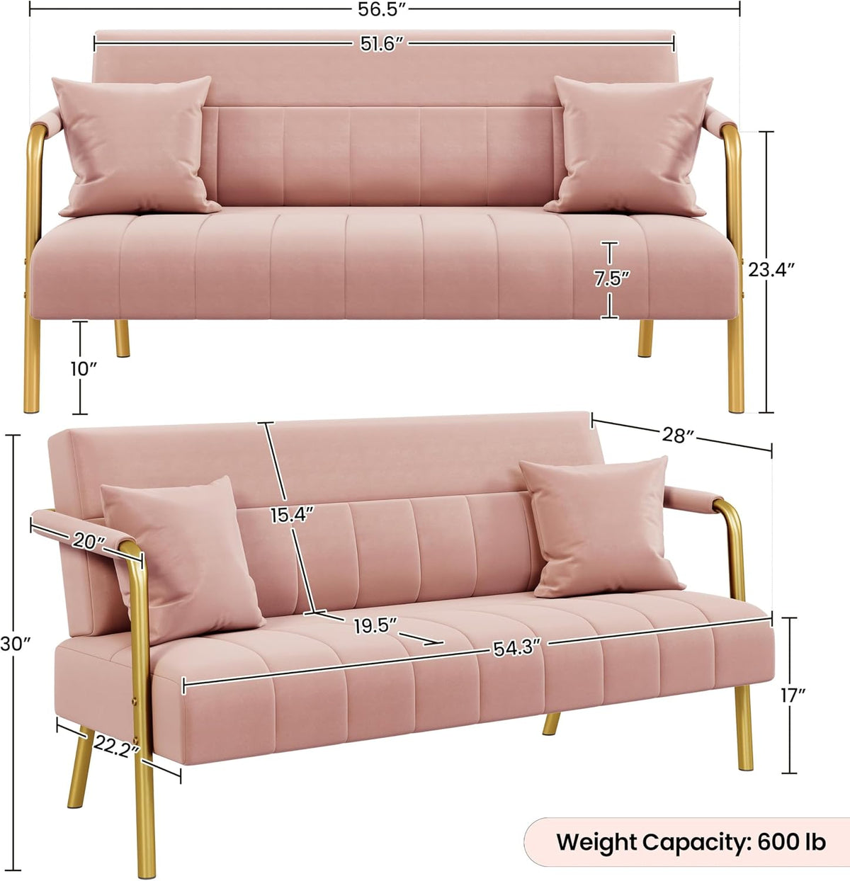 Yaheetech 56.5" Smal Sofa 2 Seater Couch with Gold-Tone Legs, Pink | Small Sofa Loveseat Velve 2 Seater Couch with Tufted Back Gold Metal Frame 2 Pillows for Office, Studio,Living Room