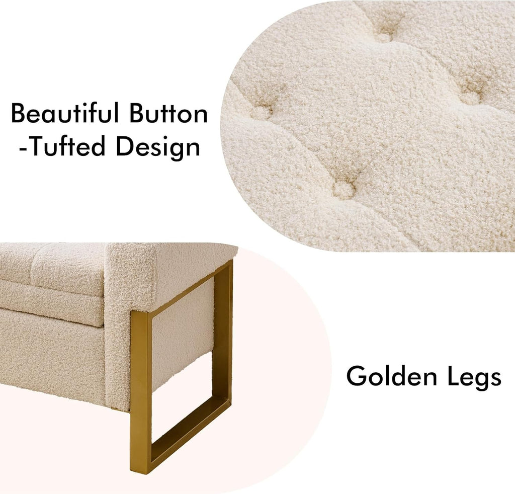 67" Storage Bench for Bedroom, King Size End of Bed Bench, Upholstered Storage Ottoman Bench with Golden Metal Legs, Bedroom Bench for Entryway (Teddy Beige)