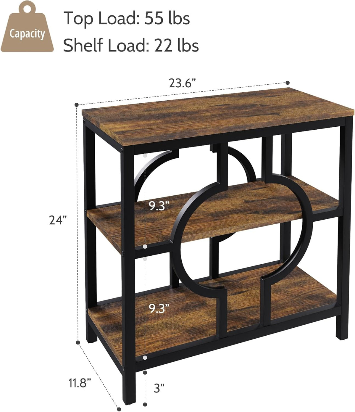 End Table, Narrow Side Table with 3-Tier Storage Shelves, Wood Sofa Side Table with Geometric Metal Frame for Living Room, Industrial Bedside Nightstand for Bedroom (1, Brown)