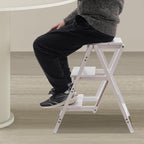 3-Step Ladder Chair Folding Step Stool Chair 22.44" L x 16.33" W x 25.6" H 220 LBS Load Capacity White Pinewood Counter Chairs for Kitchen Bedroom Living Room Warehouse, Space Saving