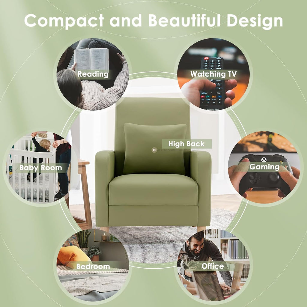 COLAMY Accent Chairs Set of 2, Faux Leather Living Room Chairs with Back Pillow & Solid Wood Legs, Mid-Century Modern Chairs, Comfy Upholstered Armchair for Living Room, Bedroom, Light Green