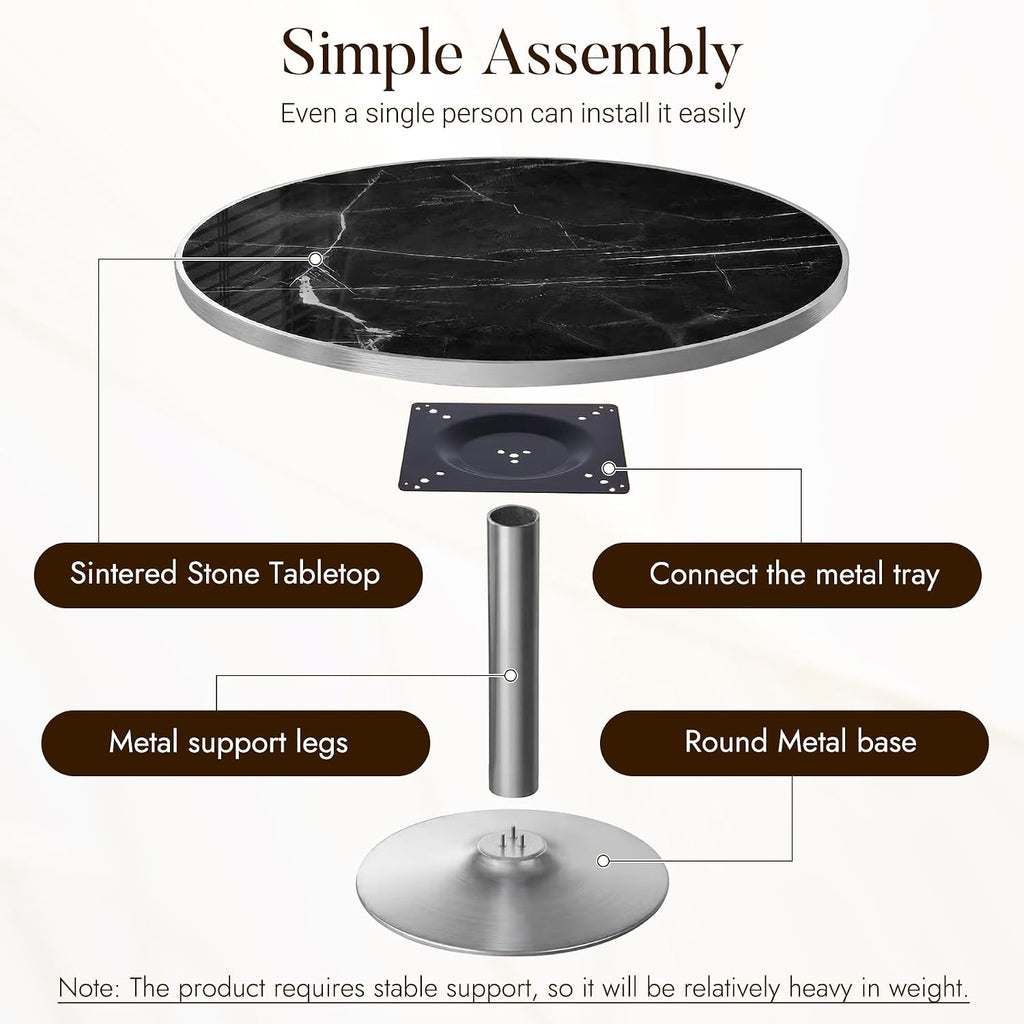 31.5" Tulip Table, Small Round Dining Table with 1.2" Thick Sintered Stone Tabletop and Silver Metal Pedestal Base, Bistro Table for Diner, Restaurant, Café, Bakery, Apartment (Marble Black Silver)