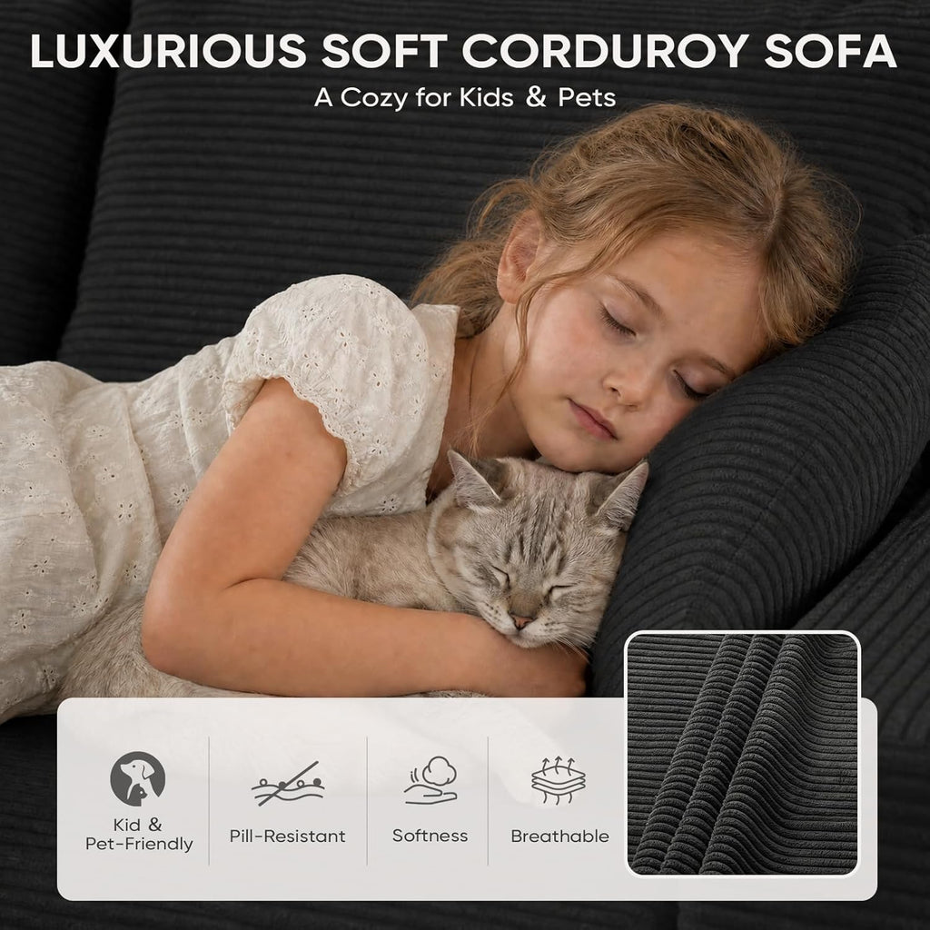 Couch, 102.4" Sectional Couches for Living Room with L Shape Sofa | Cloud Couch Sectional with Chaise, Modular Cloud Sofa with Deep Seat, No Assembly, Black, Corduroy, Left Chaise