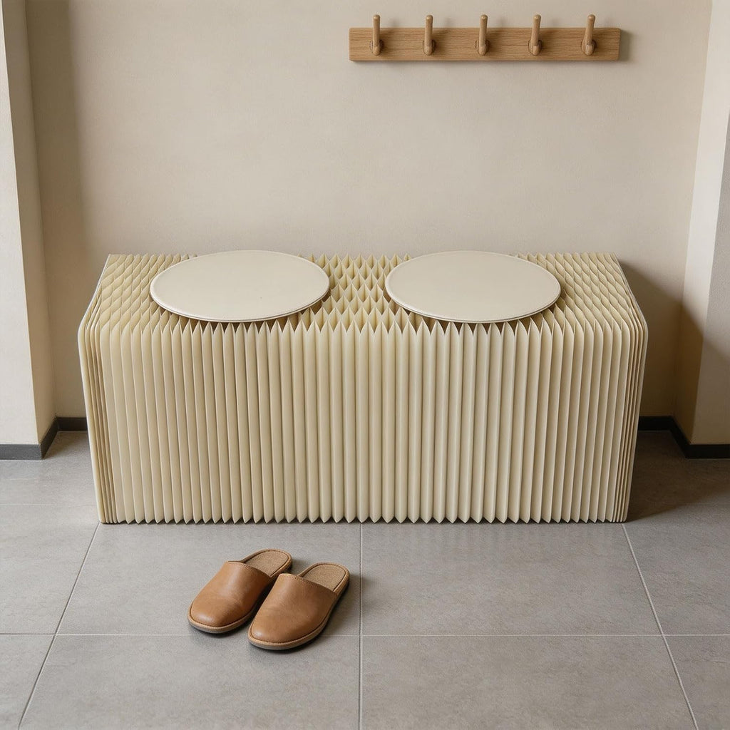 Foldable Paper Stool with 2 PU Cushion, 3.9ft Accordion Paper Stool Folding Craft Bench, One Seat Can Holds 220lbs, Shoe Change Stool for Home, Office, Exhibition, Shopping Mall