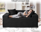 61” Loveseat Sofa, Comfy Corduroy Couch with Cup Holders & Storage Pockets, Deep Seat 2-Seater Cloud Couches for Small Space Living Room No Assembly Required, Black