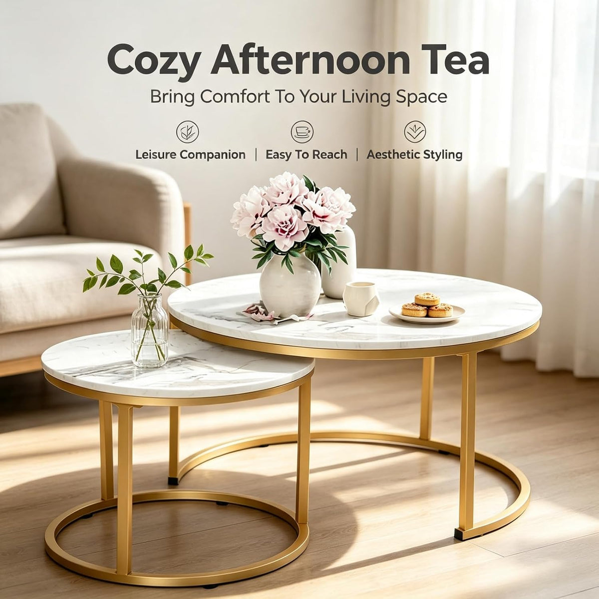 Round Nesting Coffee Table Set of 2, Marble Top Metal Frame | Space-Saving Design, Scratch-Resistant Top, 99 lbs Capacity, Living Room & Bedroom, Easy Assembly