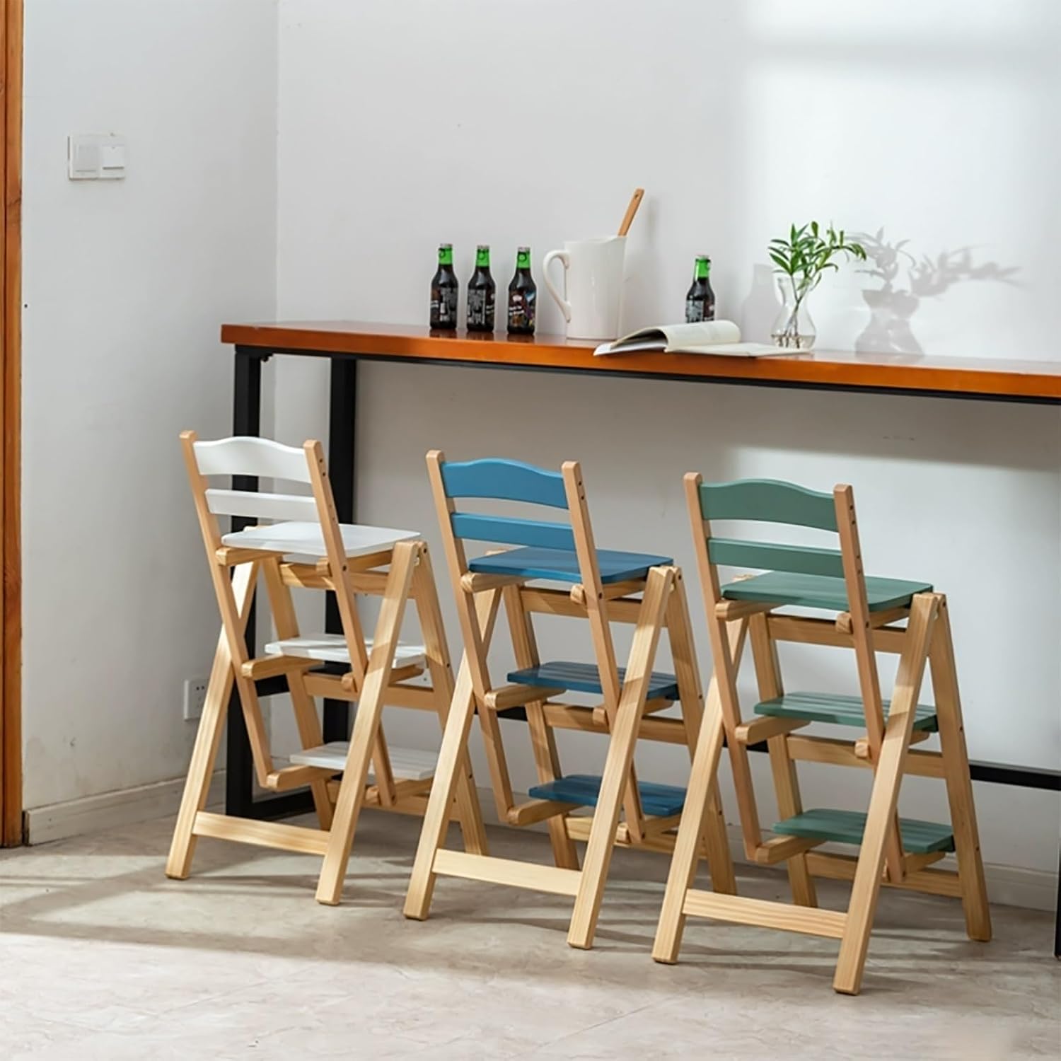 Retro Step Stool Chair For Kitchen 1950S,Folding Bar Stool Multifunctional 3 Step Ladder,Solid Wood Ladder Stool Counter Height Tall Stool,Portable Foldable Stool Step Stool For Adults Kitchen Outdoor