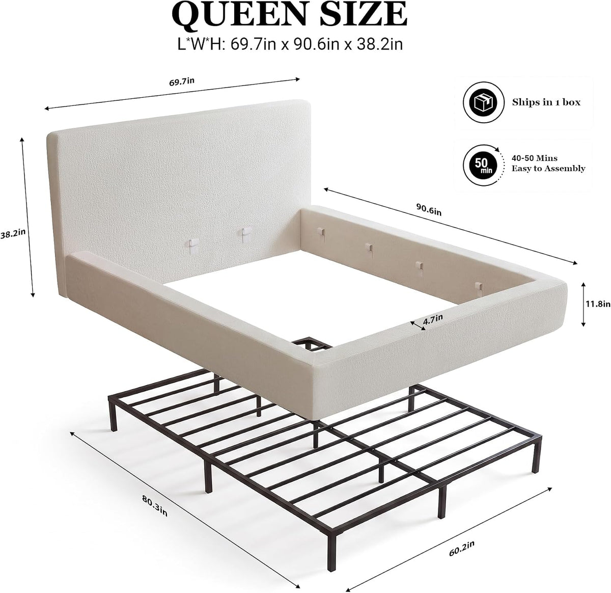 Queen Bed Frame w/ Classic Headboard, Cloud Upholstered Platform Bed Frame