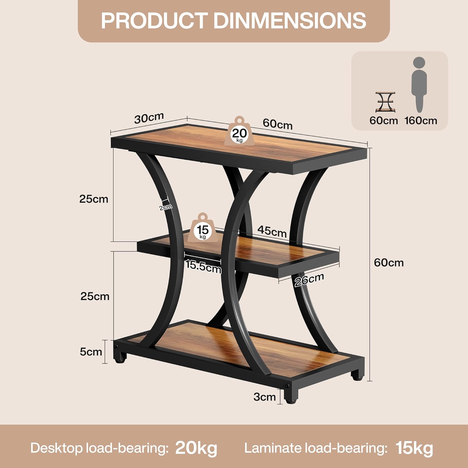 Tribesigns End Table with Storage, 3-Tier Side Table with Geometric Metal Design, Industrial Nightstand for Small Spaces, Living Room, Bedroom, Study Room (Rustic Brown)
