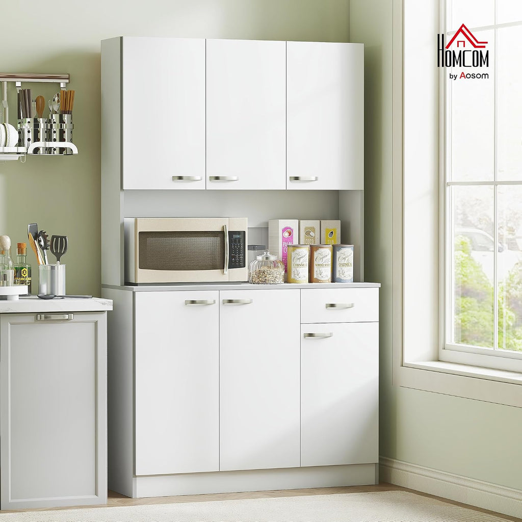 HOMCOM 71" Kitchen Pantry Cabinet, Tall Storage Cabinet with Microwave Stand, Buffet with Hutch, 6 Doors, Storage Drawer, 3 Adjustable Shelves for Living Room, Dining Room, White