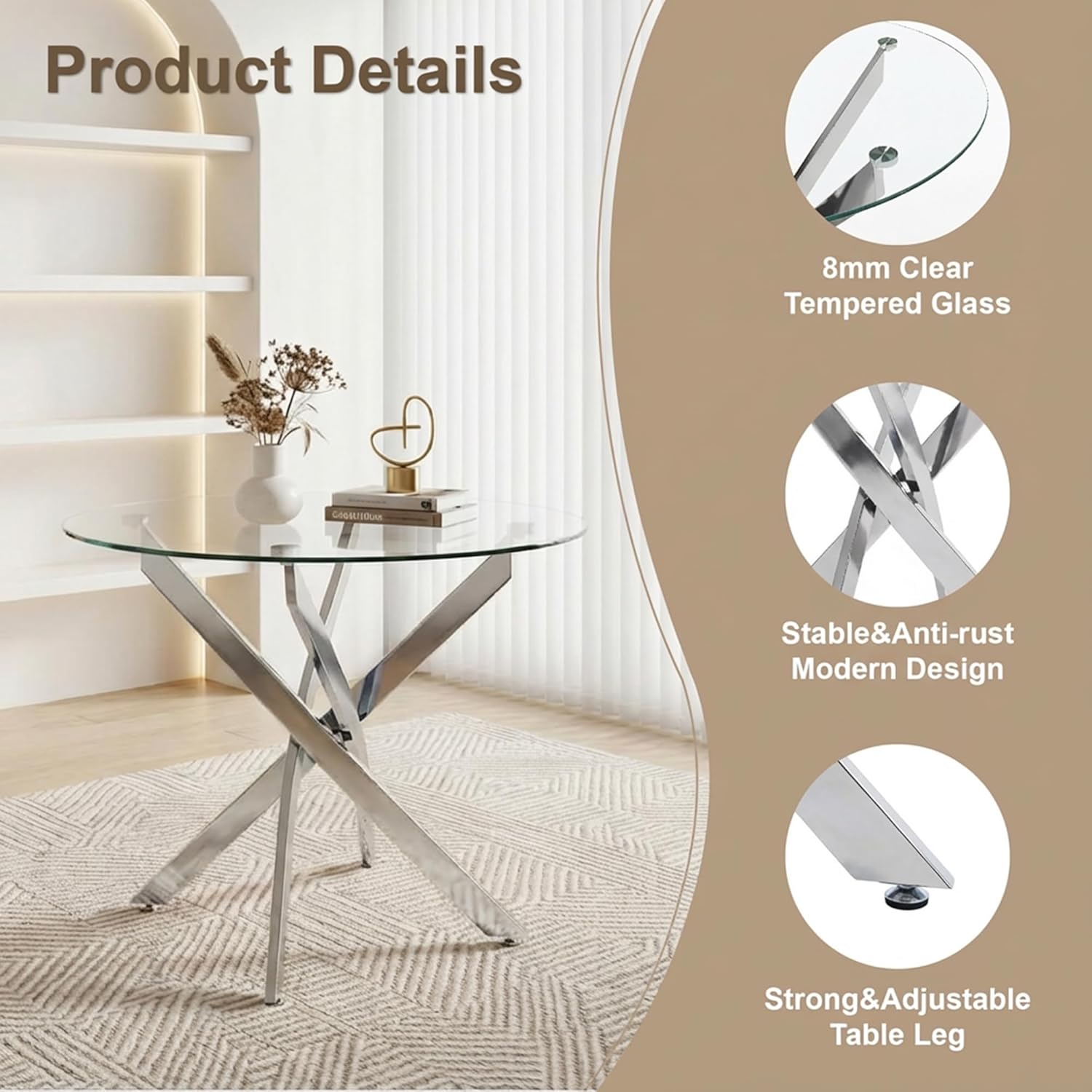 Round Glass Dining Table Set for 4, Modern Kitchen Table Chairs Set of 4, 35" Circle Glass Dinner Table with Silver Metal Legs, 4 White Pu Leather Chairs, 5 Piece Dining Set for Small Space Apartment