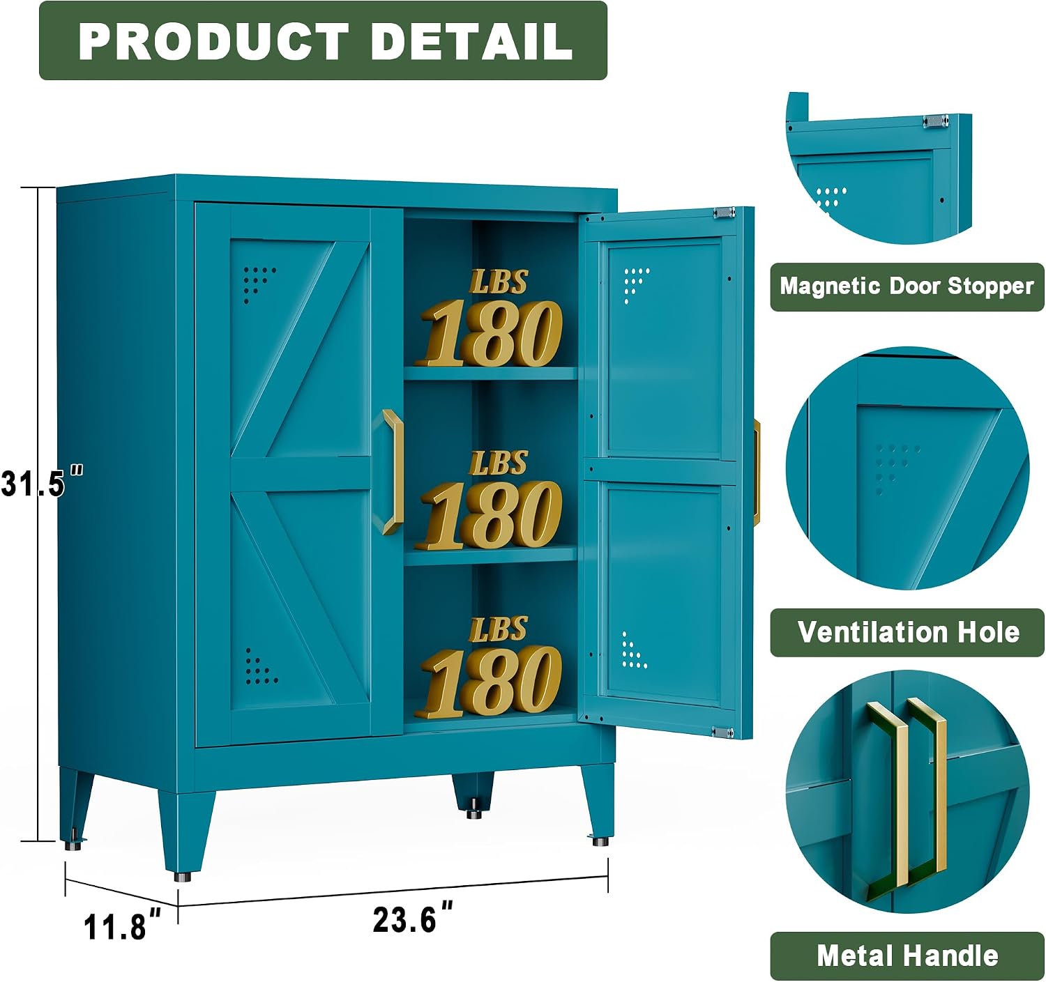 32" Metal Bathroom Storage Cabinet,Floor Storage Cabinet with 2 Doors and 2 Adjustable Shelves,Freestanding Sideboard for Small Spaces, Hallway, Dining Room,Blue