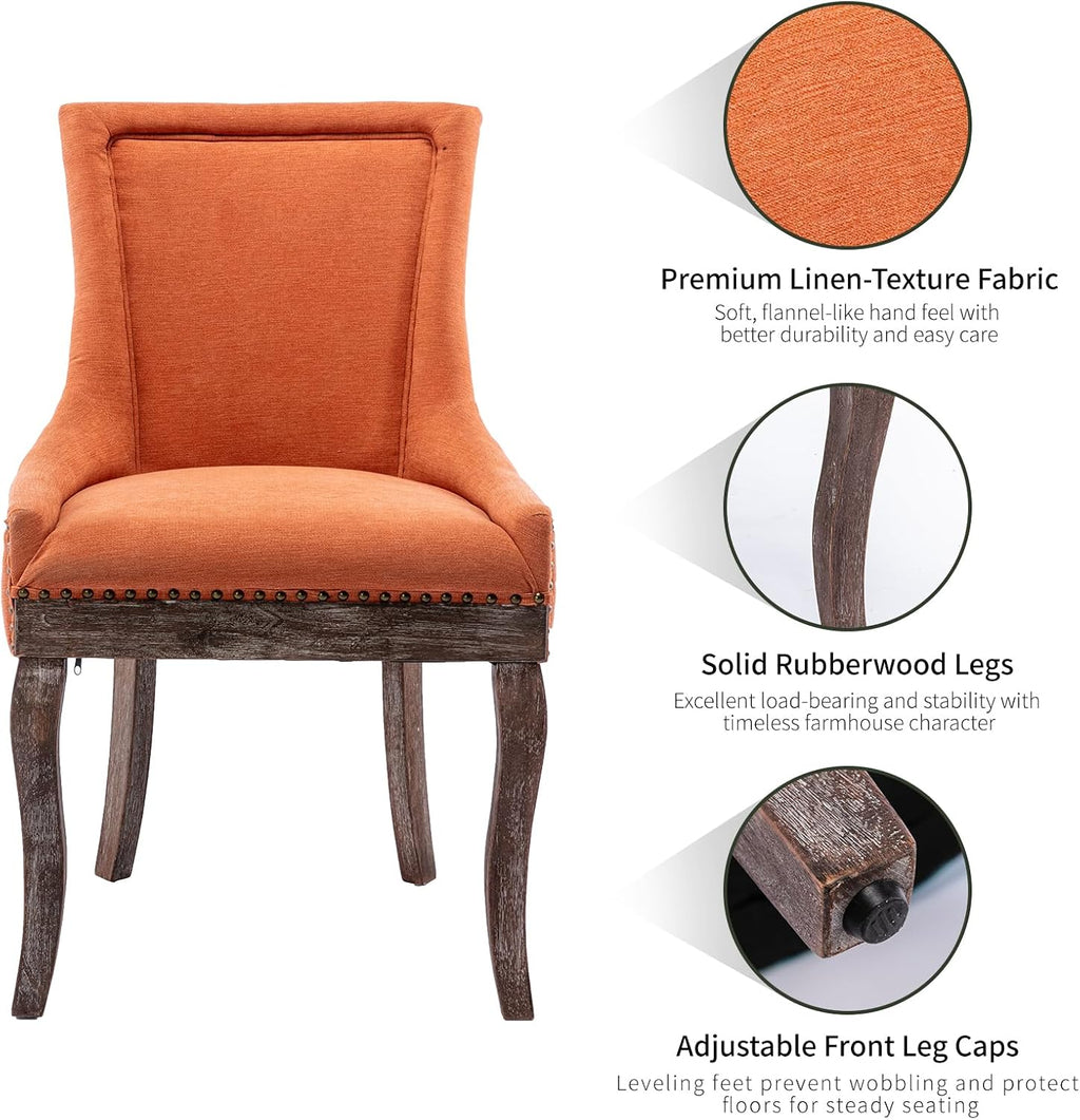Modern Dining Chairs Set of 4, Fabric Upholstered High Back Chairs with Nailhead Trim and Curved Solid Wood Legs, Sillas de Comedor Accent Chairs for Dining Room, Orange