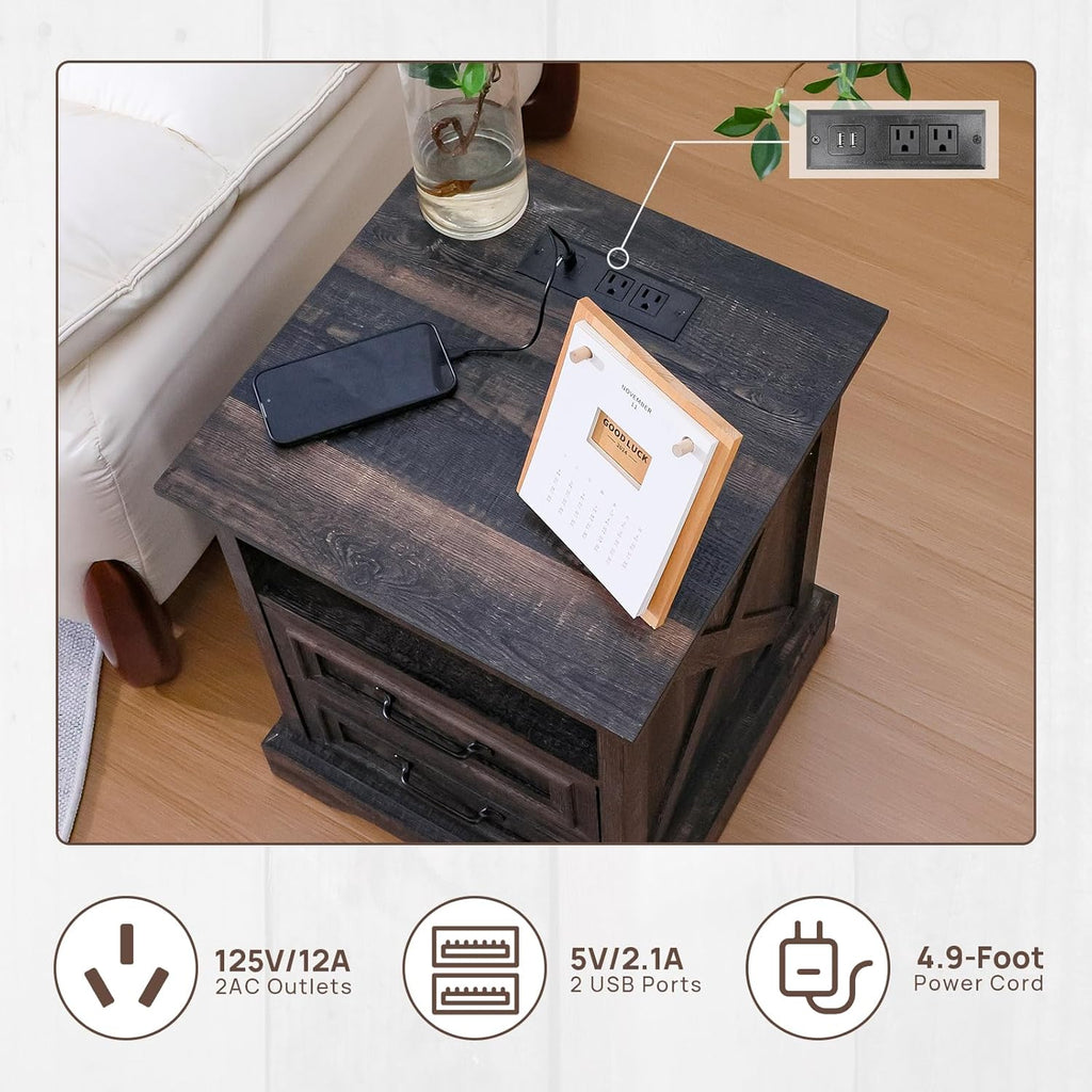 ALBAD Farmhouse Nightstand with Charging Station Rustic Bedside Table with 2 Drawers and Cubby Storage End Table with Metal Handle for Bedroom Office, Walut Brown