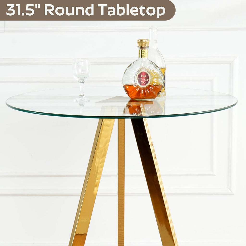 3 Piece Pub Dining Set, Modern Round Bar Table and Chairs for 2, 28" Counter Height Barstools and Glass Kitchen Table Set, 31" Small Dining Table with 2 Velvet Stools