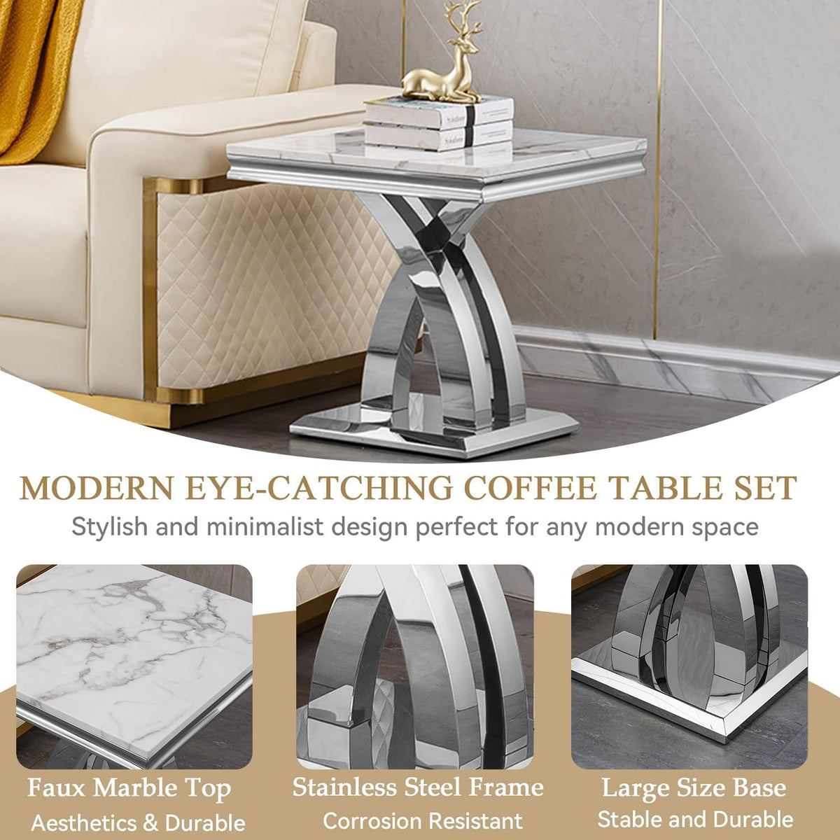 Marble End Table Modern Square Silver Living Room Table Sofa Side Table with Mirrored X-Shape Stainless Steel Base, Luxury White Faux Marble Small Bed Side Corner Table for Living Room Bedroom