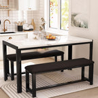 Dining Room Table Set with 2 Benches, Dining Table Set for 4-6, Dinner Table Set for 4, Faux Marble Breakfast Table Set & PU Leather Upholstered Benches for Small Spaces, Apartment, White