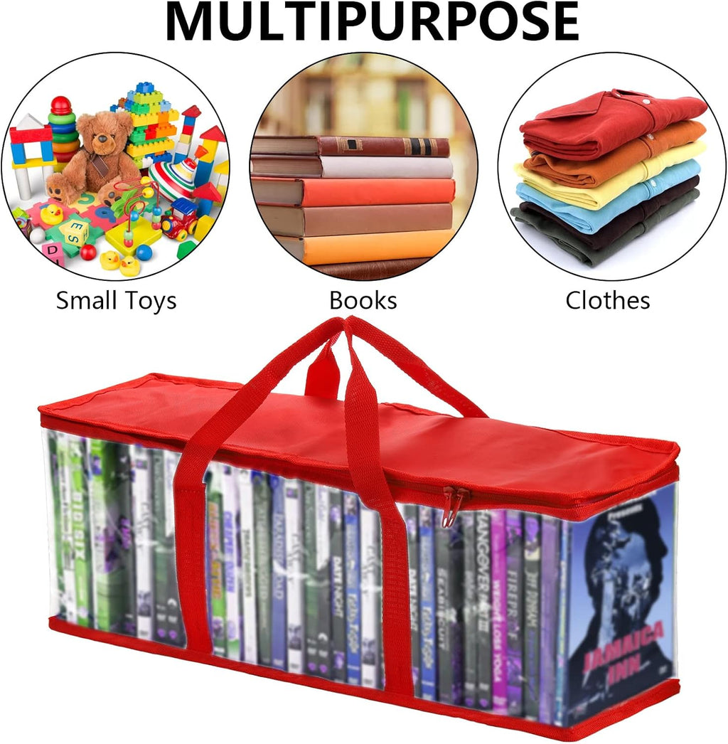 Fasmov 6 Pack DVD Storage Bags Hold up to 240 DVDs (40 Each Bag), Water Resistant DVD Holder Case with Handles, Transparent PVC Media Storage for DVDs, CDs, Video Games, Books, Red
