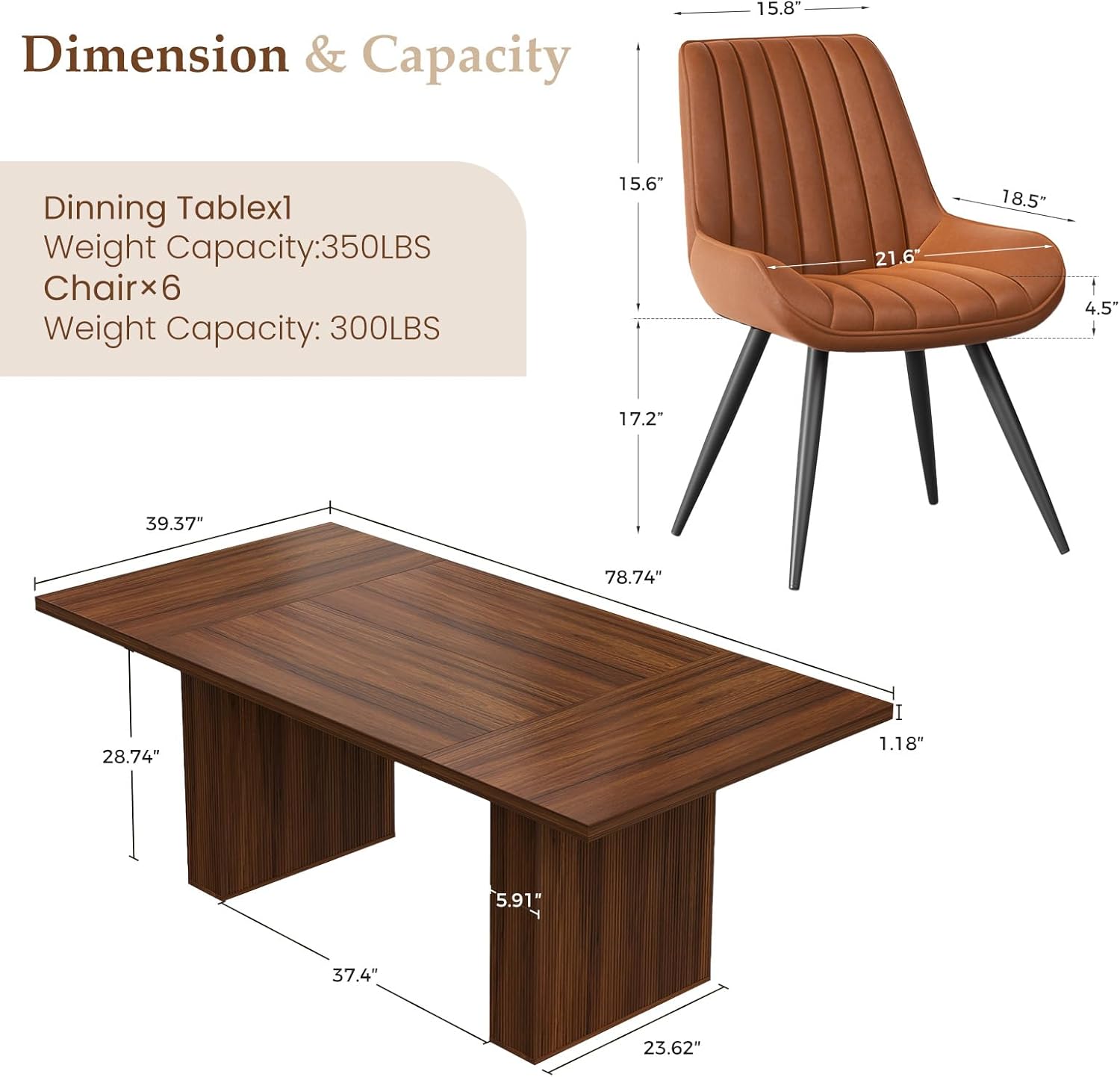 Miereirl 7-Piece Modern Farmhouse Dining Table Set with 6 Chairs, Sturdy Stable Dining Room Furniture with Soft Padded Upholstered Dining Chairs (Walnut Table + 6 Brown Chairs)
