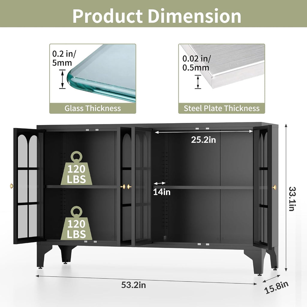 Foreate Sideboard Buffet Cabinet with Glass Door & LED Light, 53.2" Large Buffet Cabinet with Storage & Adjustable Shelf, Farmhouse Sideboard Credenzas Metal Kitchen Buffet, Black