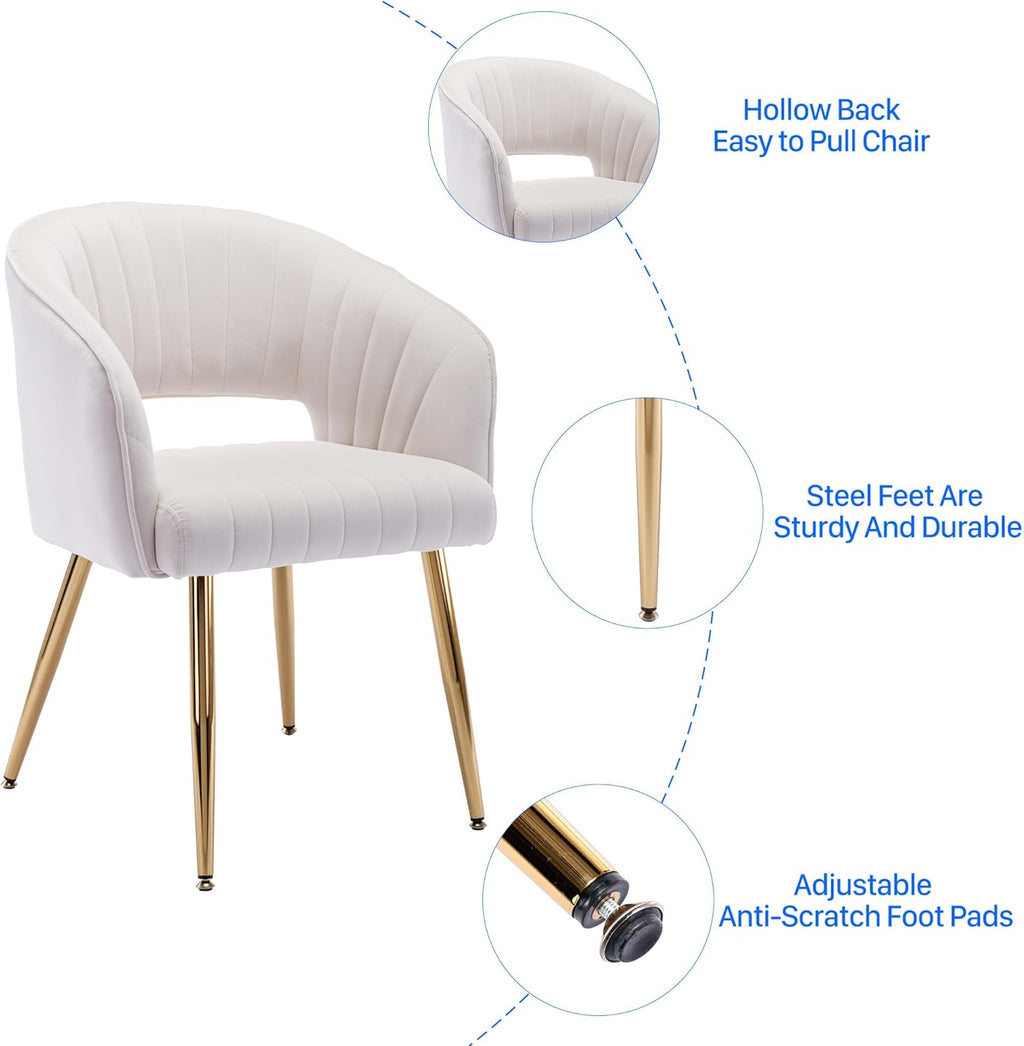 KCC Modern Velvet Desk Chair Accent Armchair Upholstered Tufted Chairs Dining Chairs, Tufted Vanity Chair Side Chairs with Gold Metal Legs for Dining Room Living Room Restaurant,1 PC &Cream