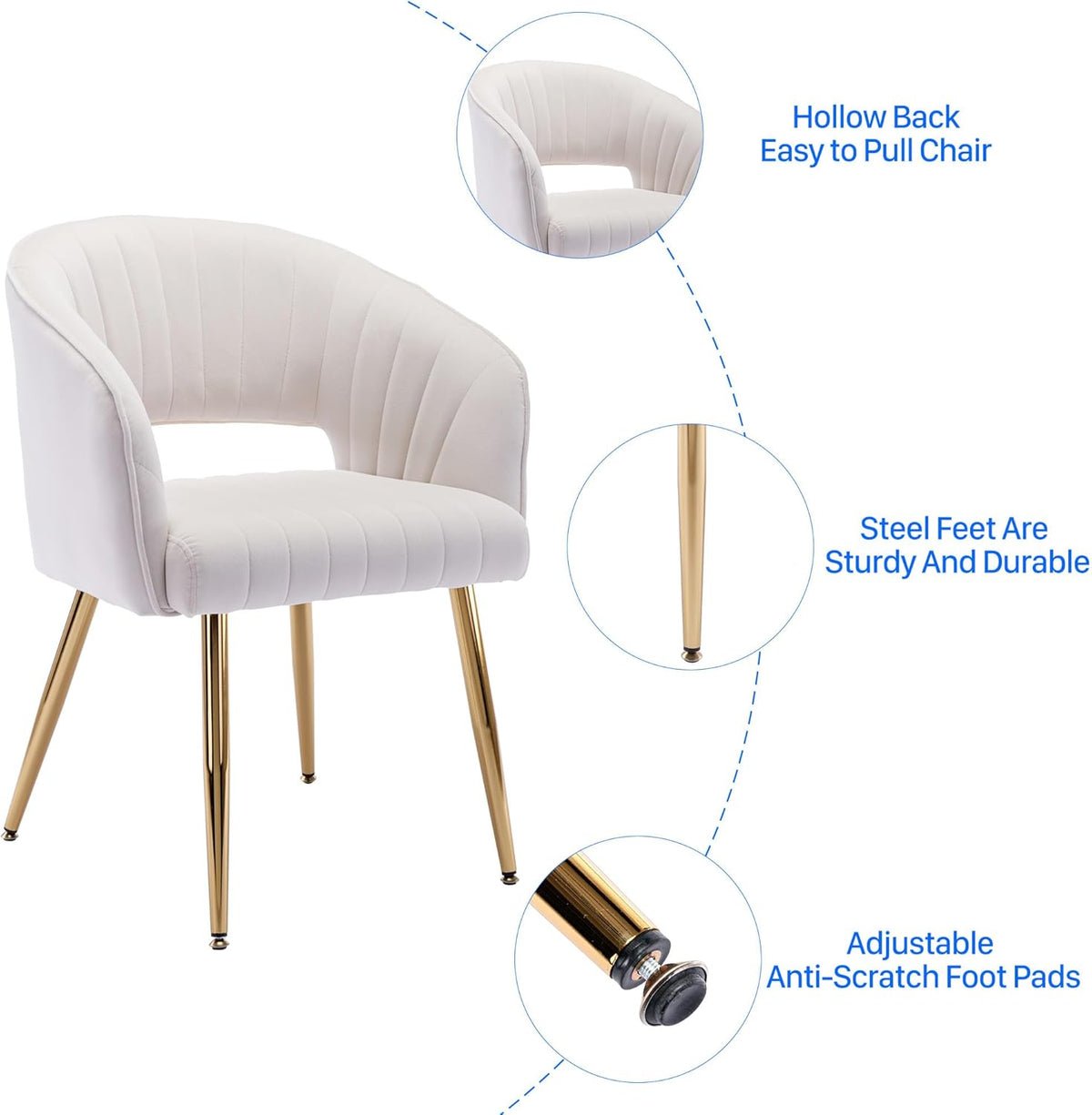 KCC Modern Velvet Desk Chair Accent Armchair Upholstered Tufted Chairs Dining Chairs, Tufted Vanity Chair Side Chairs with Gold Metal Legs for Dining Room Living Room Restaurant,1 PC &Cream