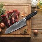 Chef's Knife, 7” Japanese Damascus Chefs Knife, Classic Light Kitchen Knife, Hand Forged Black Japanese chef knife, Professional Sharp Cooking Knife, Full Tang & Ergonomic ABS Handle Design