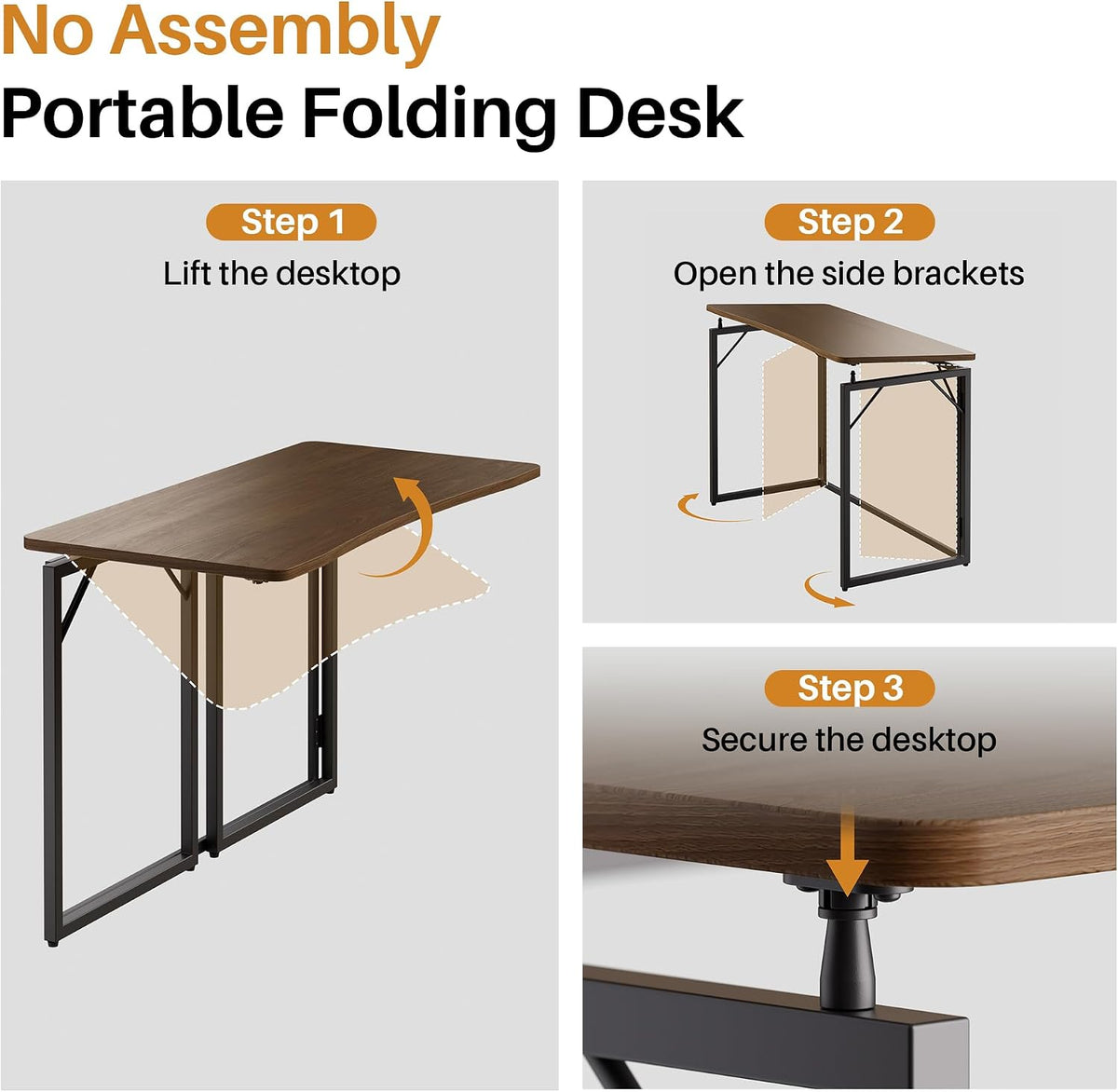 JOYMOOP 47.2" Brown Folding Desk, No Assembly, Wooden Top, Large Size | Versatile Foldable Desk for Work, Study, Craft | Slim-Folding Storage | 150 lbs, Safe Corners | Metal Legs Foldable Table