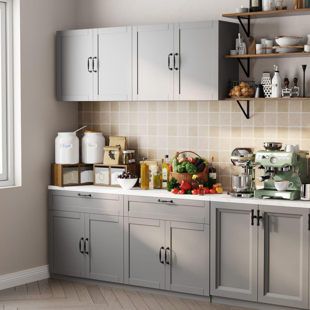 63" Kitchen Cabinet Set with Wall Mounted Cupboard and Buffet Sideboard, Pantry Storage Cabinet with Adjustable Shelves and Drawers, Shaker Style Kitchen Organizer, Grey and White