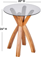 Round Glass End Table, Small Sofa Side Table for Living Room, Bedroom. Stylish Wood Legs with 20” Tempered Glass Top. Nature Oak