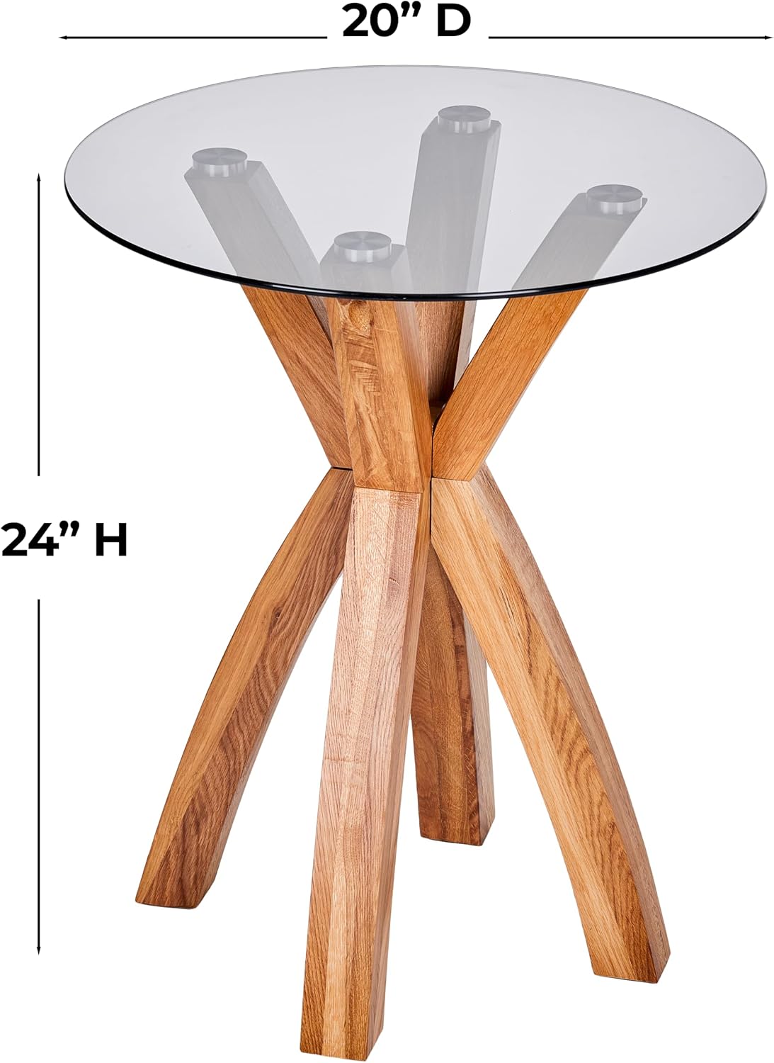 Round Glass End Table, Small Sofa Side Table for Living Room, Bedroom. Stylish Wood Legs with 20” Tempered Glass Top. Nature Oak